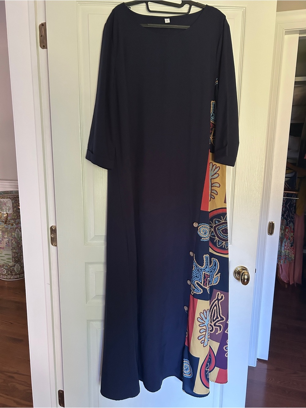 Long Navy Maxi Dress with Multicolor Printed Accent Sz L